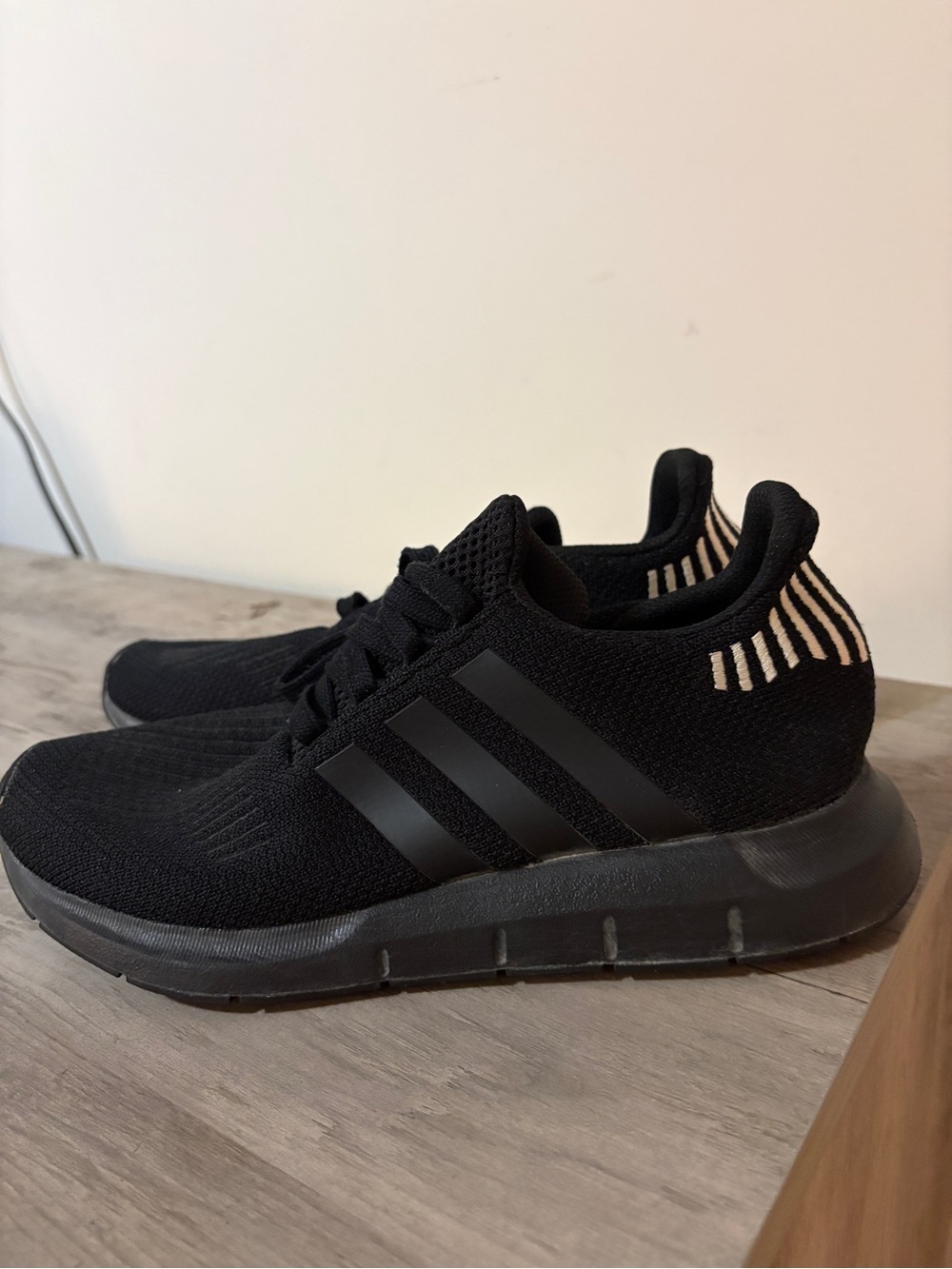 adidas Black Knit Athletic Sneakers with Cream Heel Stripes